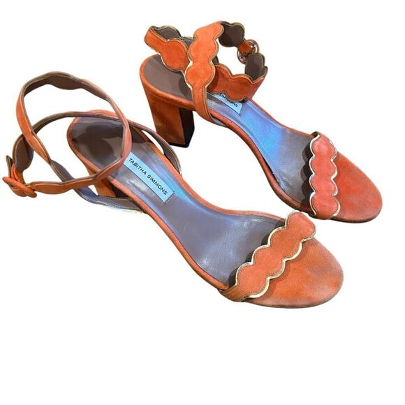Revolve Tabitha Simmons Orange Suede Leather Scalloped Sandals Block Heels - Picture 3 of 11